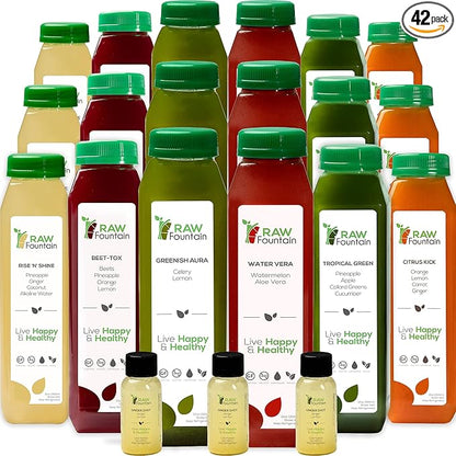 7 Day Juice Cleanse by Raw Fountain, Tropical Flavors, All Natural Raw, Cold Pressed Fruit and Vegetable Juices, Detox Cleanse, 42 Bottles 12oz, 7 Bonus Ginger Shots
