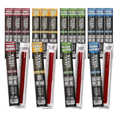 Wicked Cutz Beef Sticks Variety Pack, 4 Flavors & 15g Protein Per Meat Stick, Tender & Easy to Chew USA Made High Protein Meat Sticks, Extra Large Beef Stick, Carnivore Snacks (48 Pack)