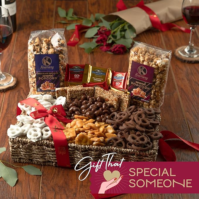 KREMERY Creamy Chocolate Cravings - Thanksgiving Chocolate Covered Pretzels & Caramel Popcorn Gift Basket, in Seagrass Tray + Ribbon (Deluxe, 3.5 lbs) Holiday Xmas Christmas
