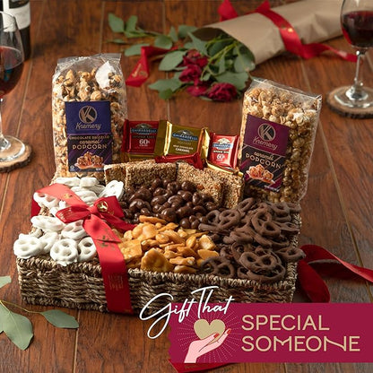 KREMERY Creamy Chocolate Cravings - Thanksgiving Chocolate Covered Pretzels & Caramel Popcorn Gift Basket, in Seagrass Tray + Ribbon (Deluxe, 3.5 lbs) Holiday Xmas Christmas