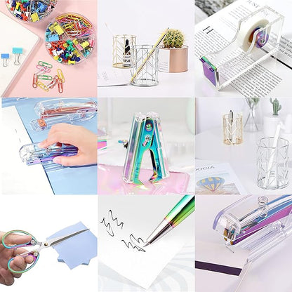 Famassi Dream Color Acrylic Stapler and Tape Dispenser Set, Office Supplies with Tape Dispenser, Stapler Remover, 2 Ballpoint Pen, Scissor, Binder Clips, Paper Clips and 1000pcs Staples