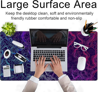 Blue Purple Desk Pad Topographic Map Desk Mat XXL Large Extended Gaming Mouse Pad Computer Mat, Laptop Keyboard and Mouse Mat, Office Decor Non-Slip Mousepad with Stitched Edge, 31.5''x15.7''