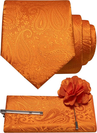 JEMYGINS Mens Paisley Tie and Lapel Pin Necktie Pocket Square and Tie Clip with Sets for Business Casual 4PCS