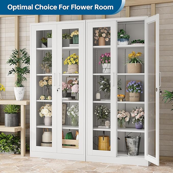 Display Storage Cabinet with Glass Door, 71 Inches Metal Curio Cabinet with 4 Adjustable Shelves, Locking Glass Display Case for Home, Office, Clinic, Pantry, Assemble Required (White)