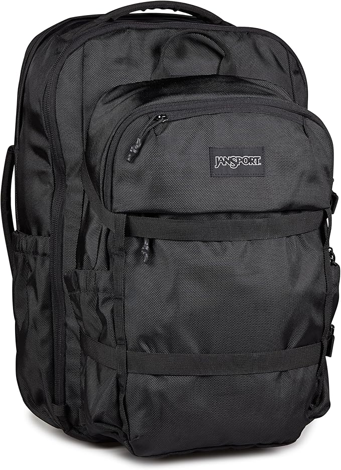 JanSport Venture Pack System – Travel Pack With Large Main Compartment, 4 Water Bottle Pockets, Adjustable Torso Length, Perimeter Wireframe Suspension, Tuck-Away Straps, Padded Hip Belt, Black