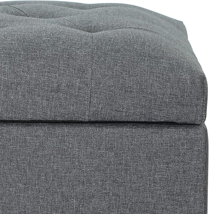 Adeco Classy Linen Blend Fabric Accents Rectangular Storage Bench Ottoman Footstool, Footrest Side Living Room Bedroom Coffee Table, 24x17.5x18, Grey