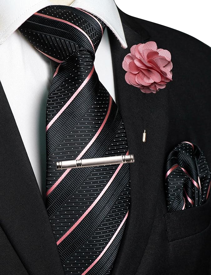 JEMYGINS Mens Striped Tie and Lapel Pin Necktie Pocket Square with Tie Clip Sets for Business Casual 4PCS