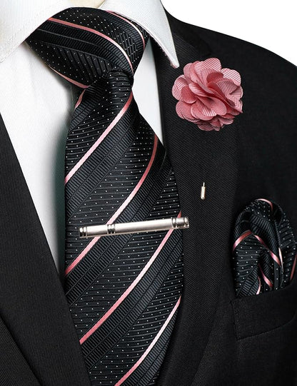 JEMYGINS Mens Striped Tie and Lapel Pin Necktie Pocket Square with Tie Clip Sets for Business Casual 4PCS