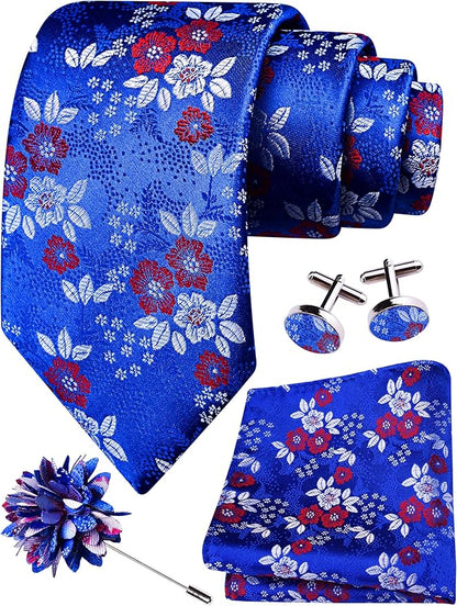 GUSLESON 3.15"（8cm） Mens Floral Tie and Lapel Pin Necktie Hankerchief Cufflinks Set for Men