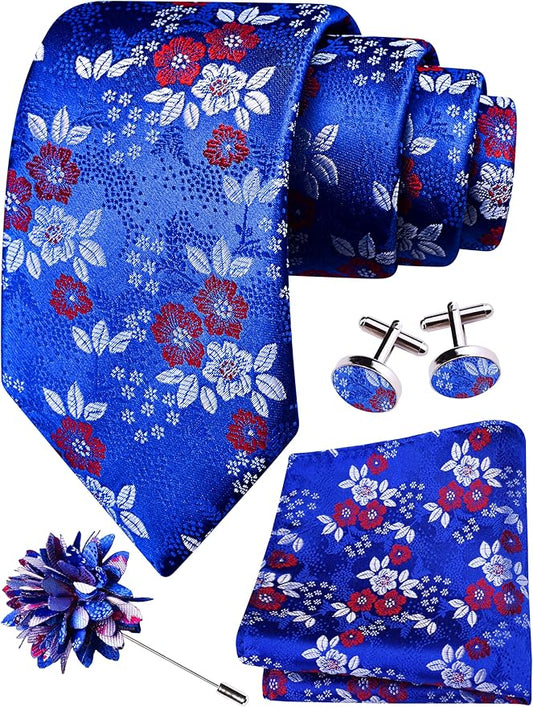 GUSLESON 3.15"（8cm） Mens Floral Tie and Lapel Pin Necktie Hankerchief Cufflinks Set for Men
