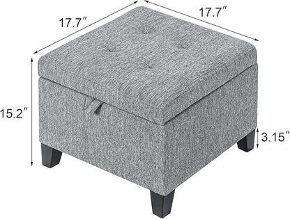 Adeco 17" Square Ottoman with Storage, Small Grey Storage Ottoman Foot Rest with Hinged Lid & Solid Wood Legs, Linen Fabric Foot Stool for Living Room & Bedroom