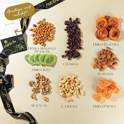 NUT CRAVINGS - Thanksgiving Dried Fruit & Mixed Nuts Gift Basket, in Black Tower + Ribbon (8 Assortments) Holiday Xmas Christmas Food Arrangement, Healthy Snack Care Package