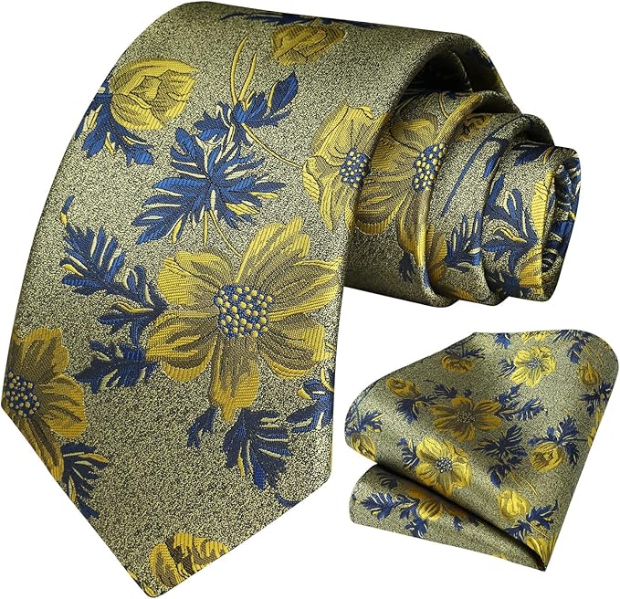 HISDERN Men Floral Ties Woven Classic 3.4" Necktie Set Formal Tie Pocket Square for Wedding with Handkerchief Gift Box