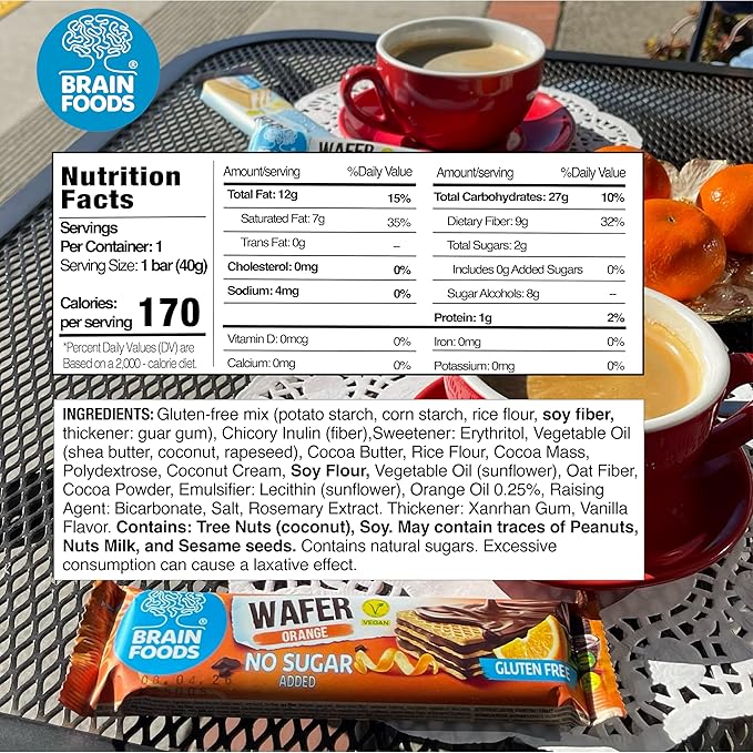 BRAIN FOODS Gluten Free Vegan Chocolate Coated Orange Wafers - 12 Bars, No Sugar Added, High Fiber, No Palm Oil, 1.4 oz, 170 Calories, Guilt Free Snack, Natural Orange Flavor