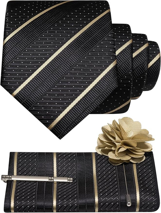 JEMYGINS Mens Striped Tie and Lapel Pin Necktie Pocket Square with Tie Clip Sets for Business Casual 4PCS