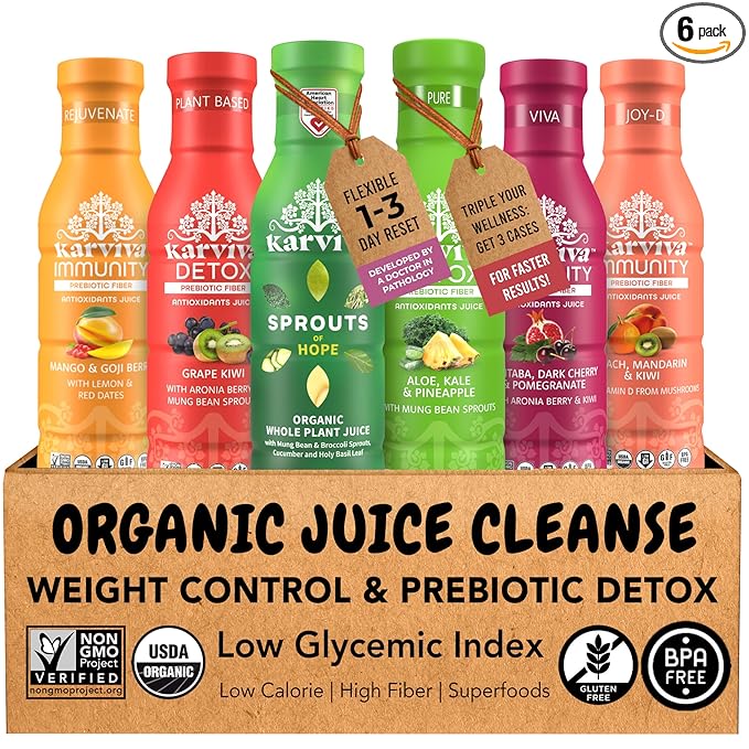 Karviva Organic Juice Cleanse Weight Control Pack with Prebiotic Detox, Sprouts, Aloe, Berries & Adaptogens for Digestion, Immunity, Liver & Thyroid Health, 6 BPA-Free Bottles, 12 oz Each