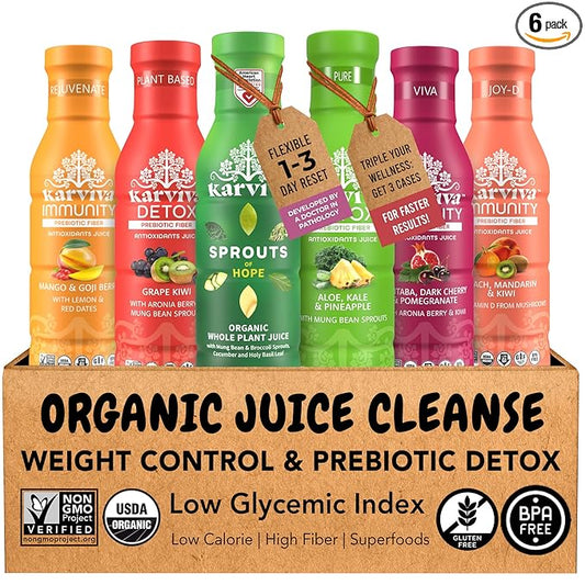 Karviva Organic Juice Cleanse Weight Control Pack with Prebiotic Detox, Sprouts, Aloe, Berries & Adaptogens for Digestion, Immunity, Liver & Thyroid Health, 6 BPA-Free Bottles, 12 oz Each
