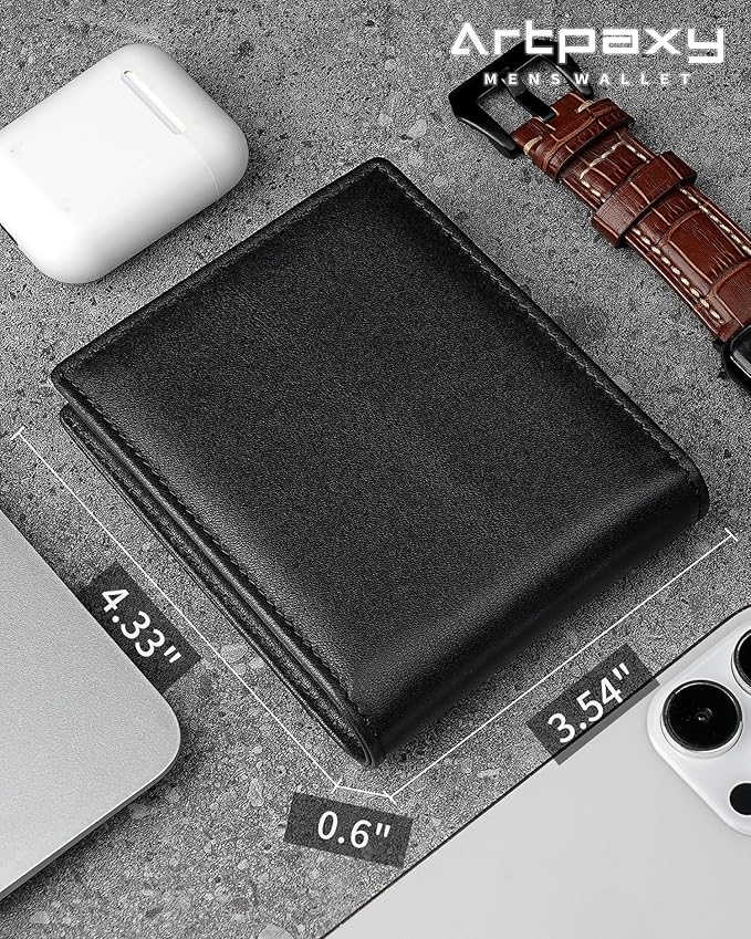 Mens Wallet Bifold Genuine Leather RFID Blocking Wallet for Men with 2 ID Windows 11 Card Holders 2 cash pockets 1 Gift Box
