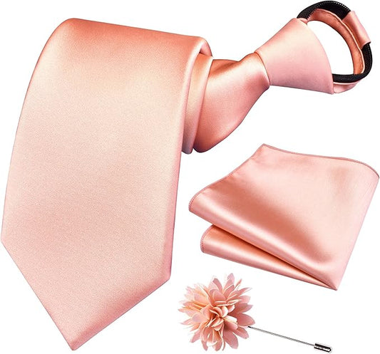 Branduce 3.15"（8cm） Pre-tied Adjustable Zipper Tie and Lapel Pin Solid Necktie Handkerchief Set for Men