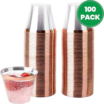 PLASTICPRO 9 oz Disposable Plastic Party Cups,Old fashioned Designed Tumblers, Crystal Clear (Clear With Rose Gold Rim, 100)
