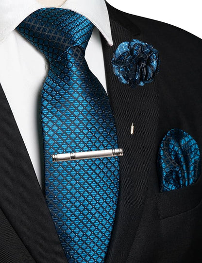 JEMYGINS Mens Solid Color Plaid Tie and Lapel Pin Necktie Pocket Square and Tie Clip with Sets for Business Casual 4PCS