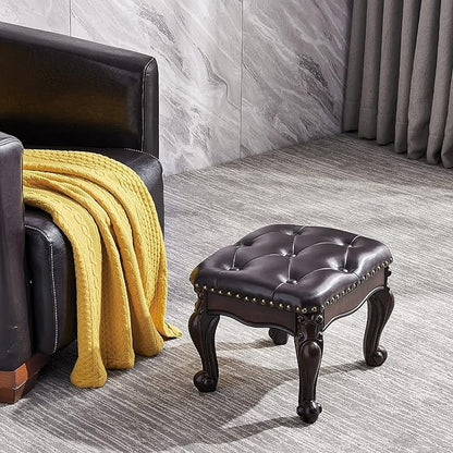 Foot Stool Ottoman Foot Rest Microfiber Leather Upholstered Footstool for Sofa, Living Room, Entryway, Solid Wood Stool (Dark Brown)