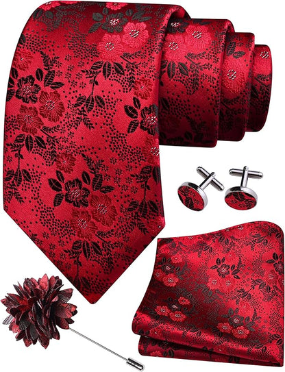 GUSLESON 3.15"（8cm） Mens Floral Tie and Lapel Pin Necktie Hankerchief Cufflinks Set for Men