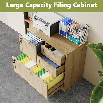 HOPUBUY Lockable 4 Drawers File Cabinet, Lateral Filing Cabinet with Printer Stand for Home Office and School, Wood Rattan File Cabinet for Hanging Files/Letter/Legal/A4/F4 Size, Oak Color (Oak)