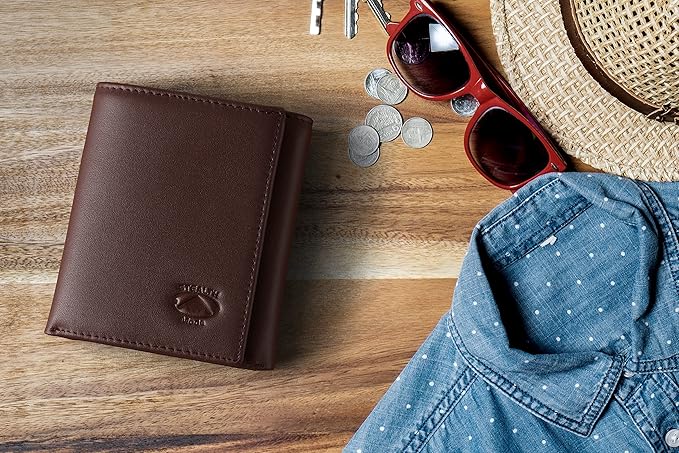 Stealth Mode Leather Trifold RFID Wallet For Men With Flip Out ID Holder (Brown)