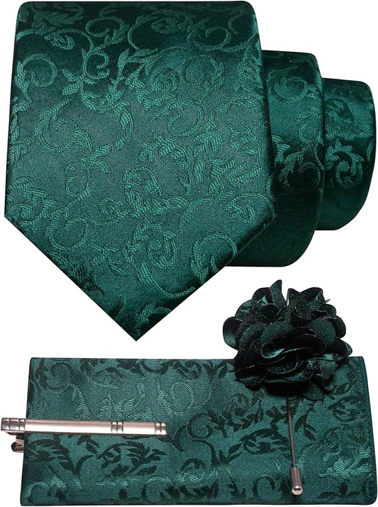 JEMYGINS Mens Floral Tie and Lapel Pin Necktie Pocket Square and Tie Clip with Sets for Business Casual 4PCS