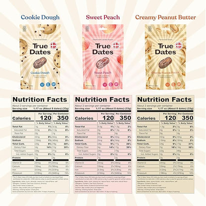 True Dates, Sweet Flavor Variety, 3-3.5 Ounce Bags (Creamy Peanut Butter, Cookie Dough, Sweet Peach) - Dates With Candy Flavor, Vegan, No Added Sugar, Gluten Free