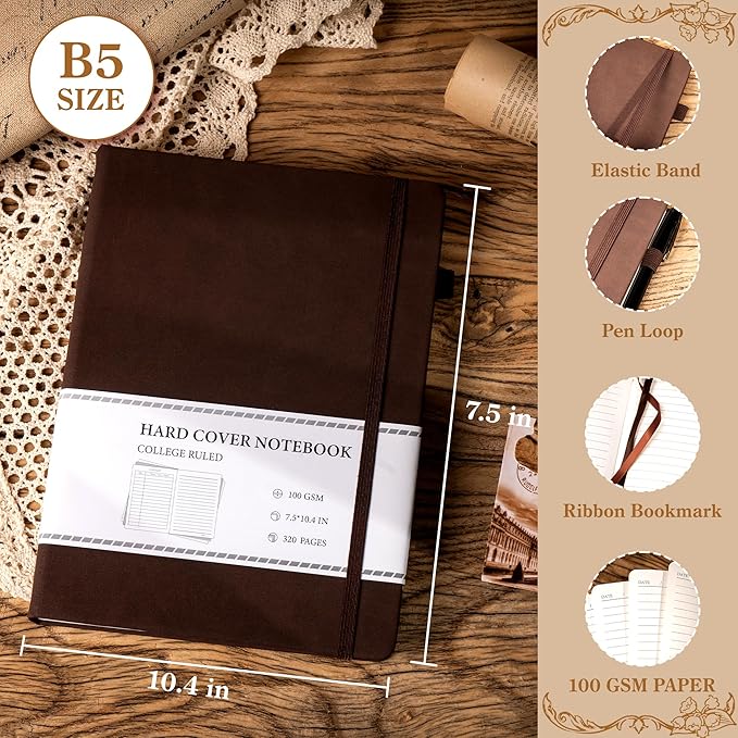 CAGIE B5 Journal Notebook for Men Women 320 Pages 100 GSM Paper Vintage Journaling Notebooks A5 Hardcover Leather Journals for Writing Travel Work Note Taking Diary, 7.6x10 in, Dark Brown