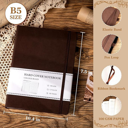 CAGIE B5 Journal Notebook for Men Women 320 Pages 100 GSM Paper Vintage Journaling Notebooks A5 Hardcover Leather Journals for Writing Travel Work Note Taking Diary, 7.6x10 in, Dark Brown