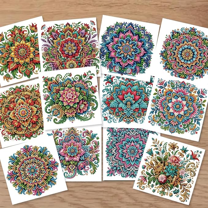 jinglinhh 12pcs Mandala Diamond Art Painting Greeting Cards with Envelopes, DIY Card Making Kits for Adults, Diamond Art Christmas Cards for Birthday Holiday Postcards Craft Gifts