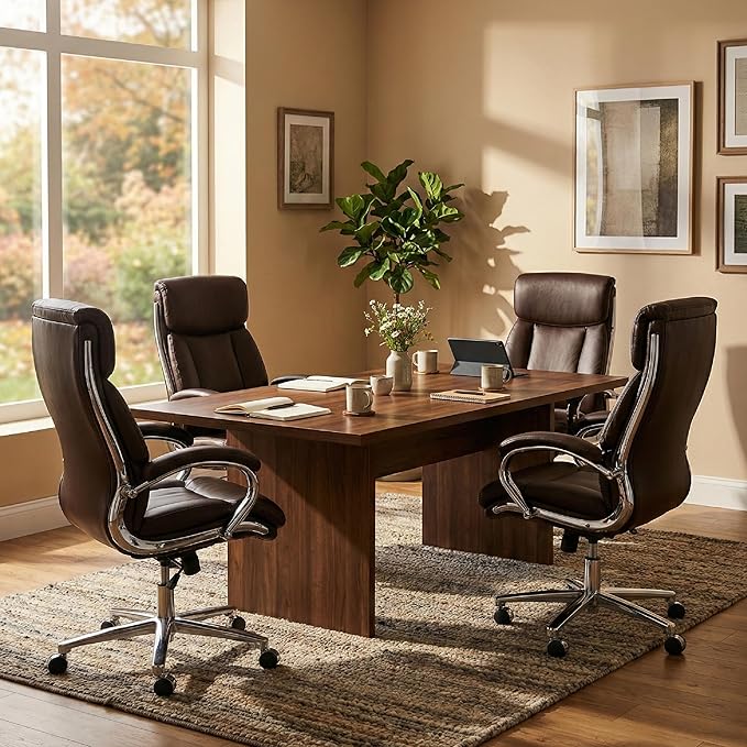 COLAMY Marcus Executive PU Leather Office Chair, High-Back Home Desk Chair Padded Seat & Back, Smooth-Rolling Casters – Luxury Ergonomic Desk Chair for Professional Workspaces (Brown)