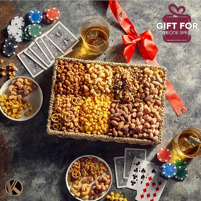 KREMERY Gourmet Nut Gift Basket - Thanksgiving Mixed Nuts Gift Basket in Seagrass Tray with Ribbon (8 Assortments) Holiday Xmas Christmas Healthy Snack Care Package, Food Assortments