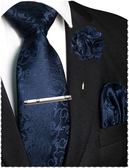 JEMYGINS Mens Floral Tie and Lapel Pin Necktie Pocket Square and Tie Clip with Sets for Business Casual 4PCS