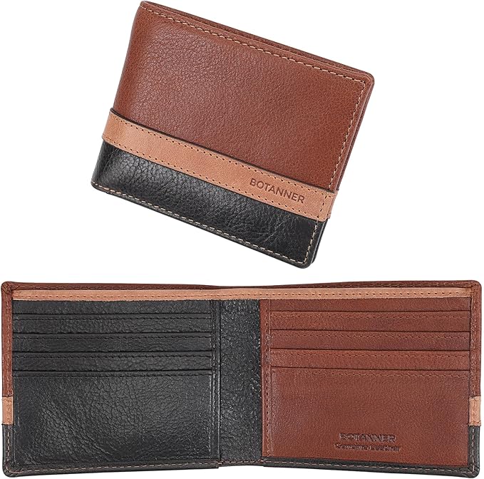 Mens Genuine Leather Bifold Wallet | RFID Blocking, 8 Credit Card Slots, 2 Sections for Bills & 2 Additional Slots | Tan/Camel/Black