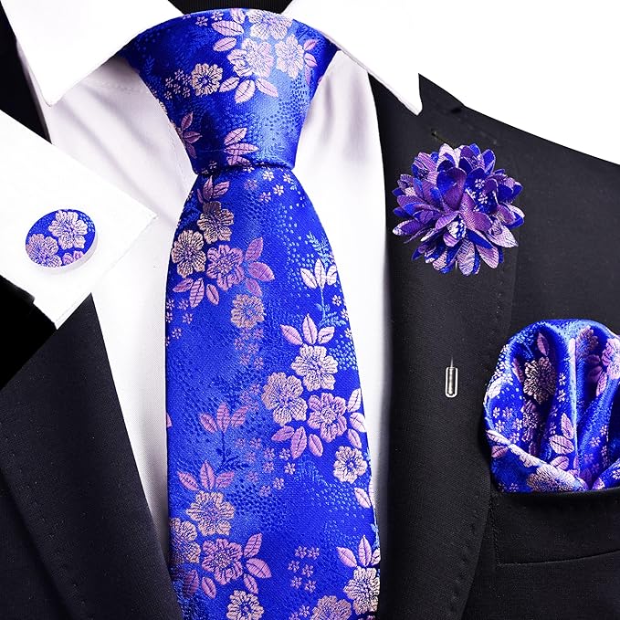 GUSLESON 3.15"（8cm） Mens Floral Tie and Lapel Pin Necktie Hankerchief Cufflinks Set for Men