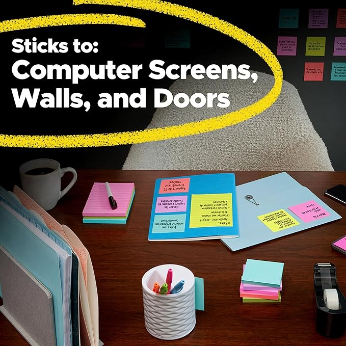 Post-it Super Sticky Notes, 3x3 in, 3 Pads, 2X The Sticking Power, Supernova Neons, Bright Colors, Recyclable (3321-SSMIA)