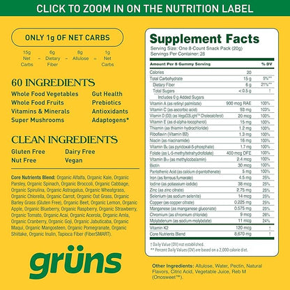 Gruns Adult Sugar-Free Super Greens Gummies, Superfood Vitamin Gummy Bears with Spirulina, Chlorella, Fiber & Prebiotics for Digestive Health, Adaptogens Supplement, 20 Vitamins & Minerals, 28 packets