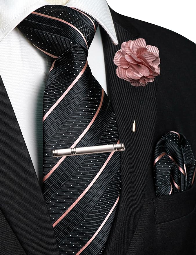 JEMYGINS Mens Striped Tie and Lapel Pin Necktie Pocket Square with Tie Clip Sets for Business Casual 4PCS
