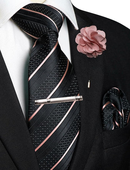 JEMYGINS Mens Striped Tie and Lapel Pin Necktie Pocket Square with Tie Clip Sets for Business Casual 4PCS