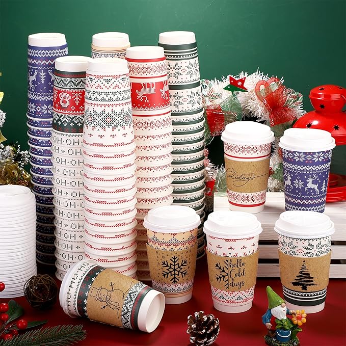 100 Set Christmas Paper Coffee Cups 16 Oz Double-Layer Ugly Christmas Sweater Paper Cups with Lids Cup Sleeves Disposable Winter Cups for Cold Hot Beverages Xmas Party Supplies, 6 Designs