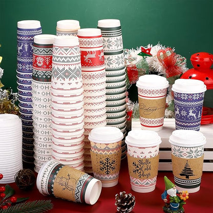 100 Set Christmas Paper Coffee Cups 16 Oz Double-Layer Ugly Christmas Sweater Paper Cups with Lids Cup Sleeves Disposable Winter Cups for Cold Hot Beverages Xmas Party Supplies, 6 Designs