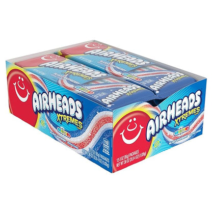Airheads Xtremes Belts, Halloween Trick or Treat Sweetly Sour Candy, Bluest Raspberry Flavor,Individually Wrapped Bulk Candy for Adults & Kids, Non-Melting, Movie Theater, 3 oz Packs(Box of 12 Packs)
