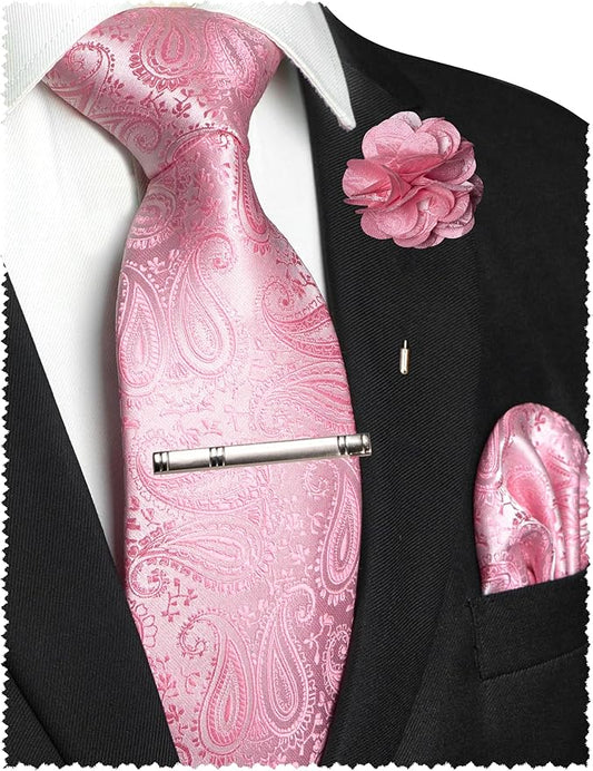 JEMYGINS Mens Paisley Tie and Lapel Pin Necktie Pocket Square and Tie Clip with Sets for Business Casual 4PCS
