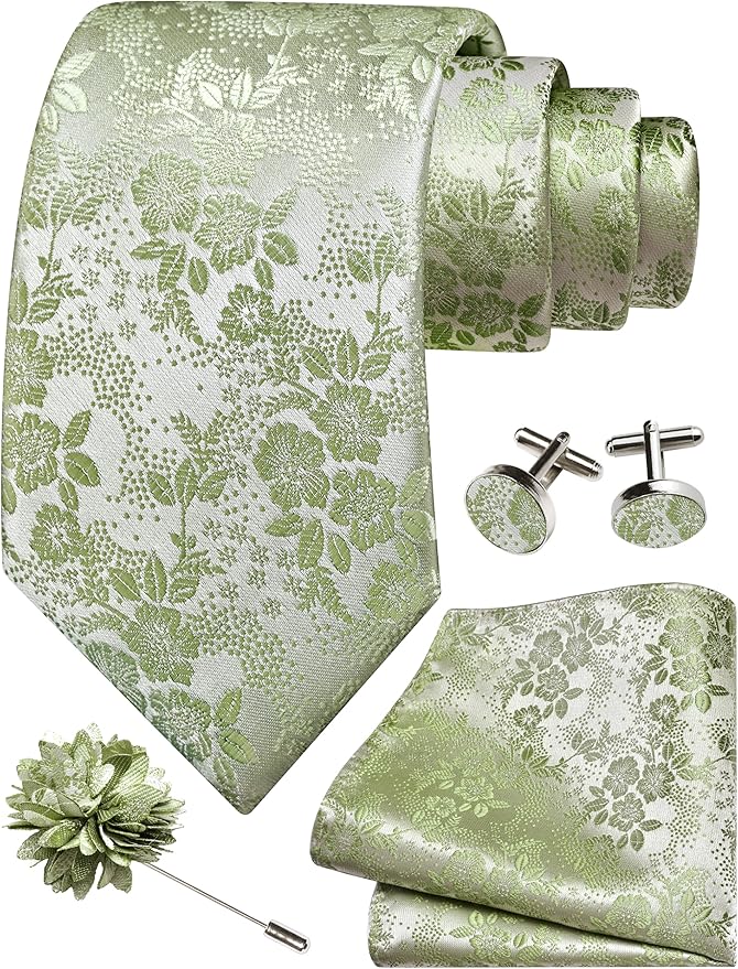 GUSLESON 3.15"（8cm） Mens Floral Tie and Lapel Pin Necktie Hankerchief Cufflinks Set for Men