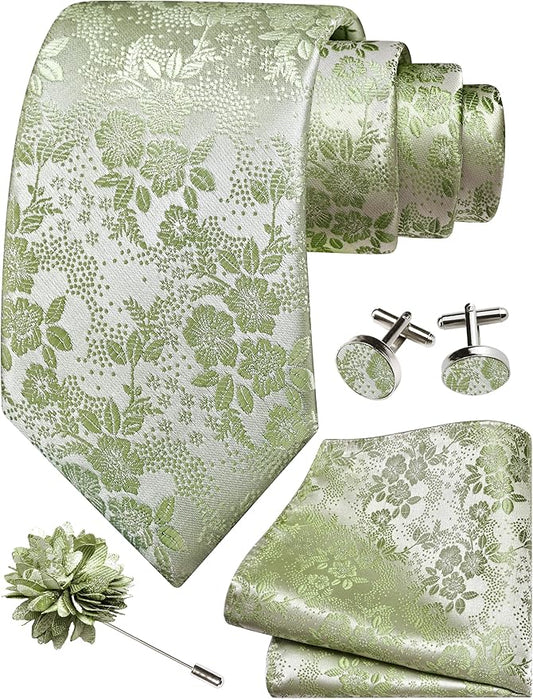 GUSLESON 3.15"（8cm） Mens Floral Tie and Lapel Pin Necktie Hankerchief Cufflinks Set for Men