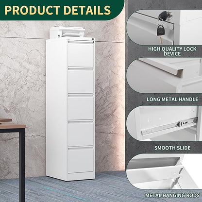 5 Drawer File Cabinet with Lock, Steel Vertical Filing Storage Cabinet for Home Office, Heavy-Duty File Cabinets for Letters/Legal/A4 (Require Assembly, White)